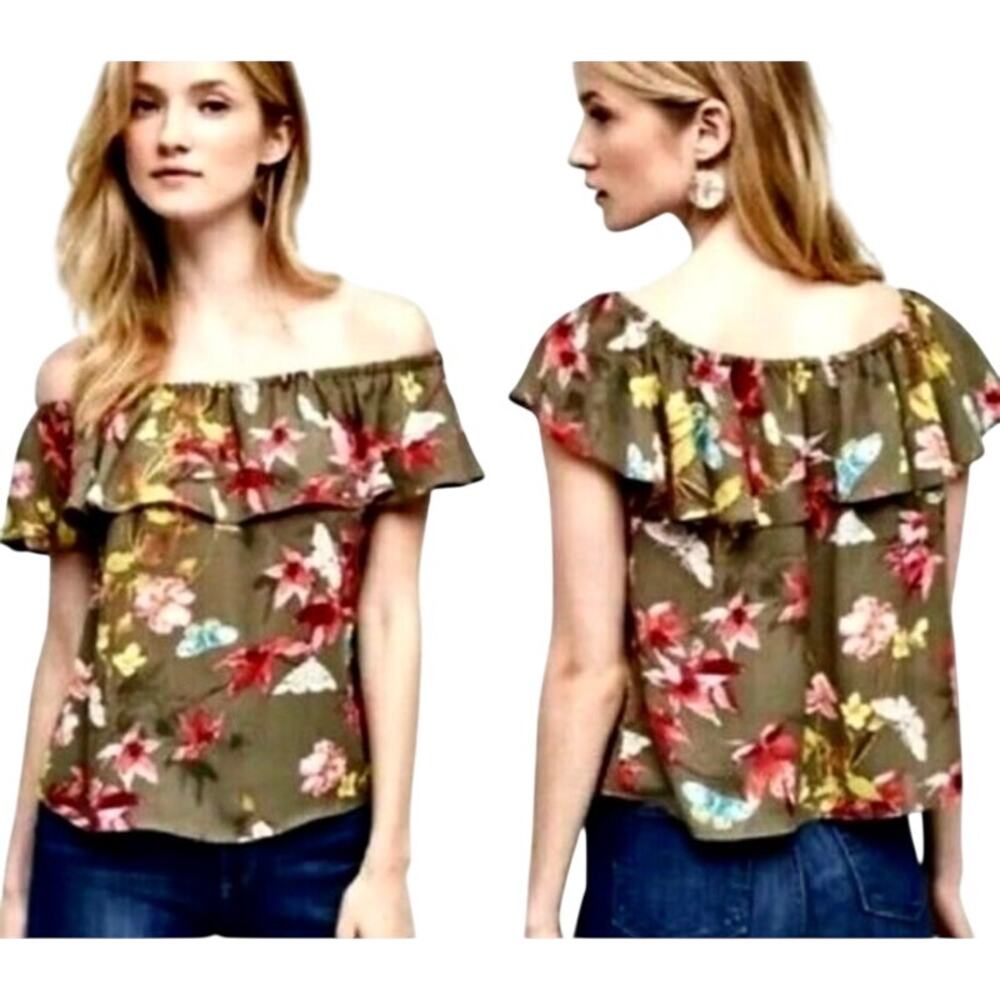 Anthropologie MAEVE Vallita Olive Floral Ruffled Blouse Top Boho Hippie Cottage